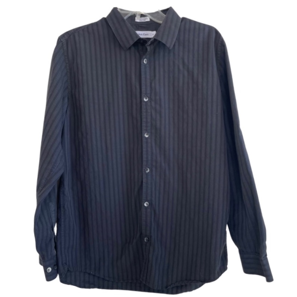 Calvin Klein Textured Stripped Button-Down Long-Sleeve Shirt Black Men's Size M